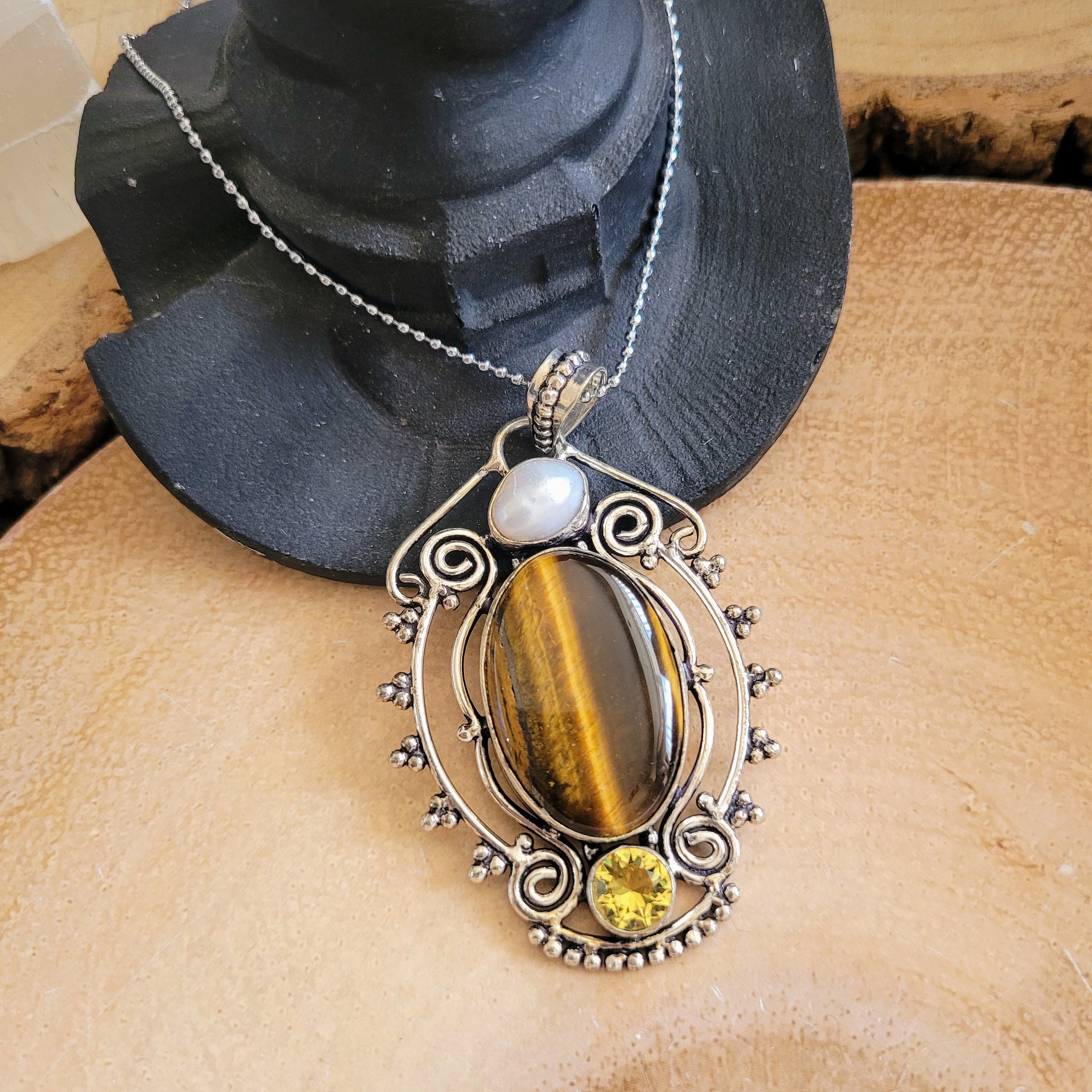 Citrine, Tiger’s Eye, & Mother of Pearl 2024 Sterling Silver Pendant