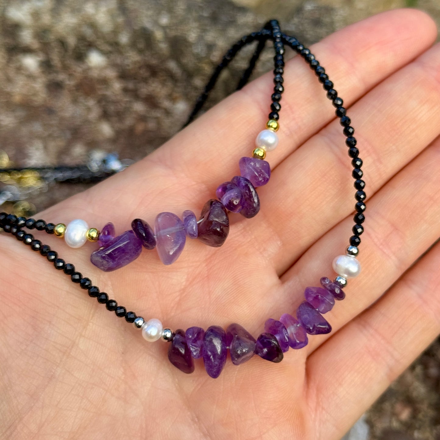 Black Tourmaline and Amethyst Choker Necklace