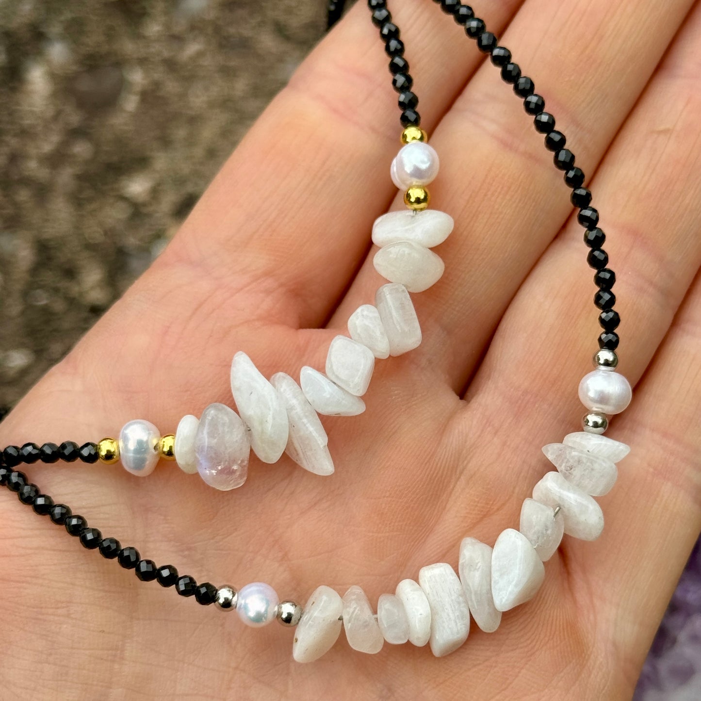 Black Tourmaline and White Moonstone Choker Necklace