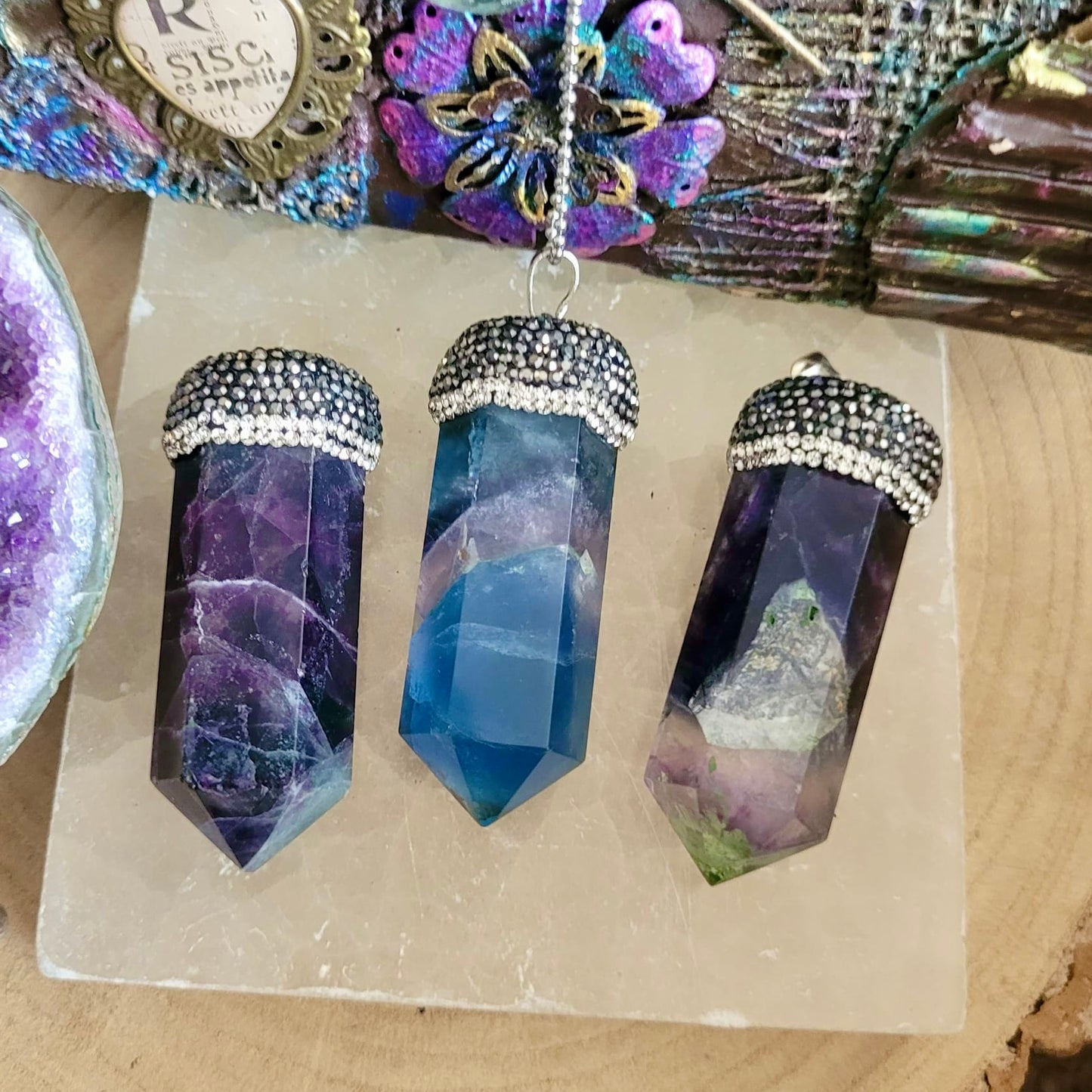 Rainbow Fluorite Point Diamanté Pendant