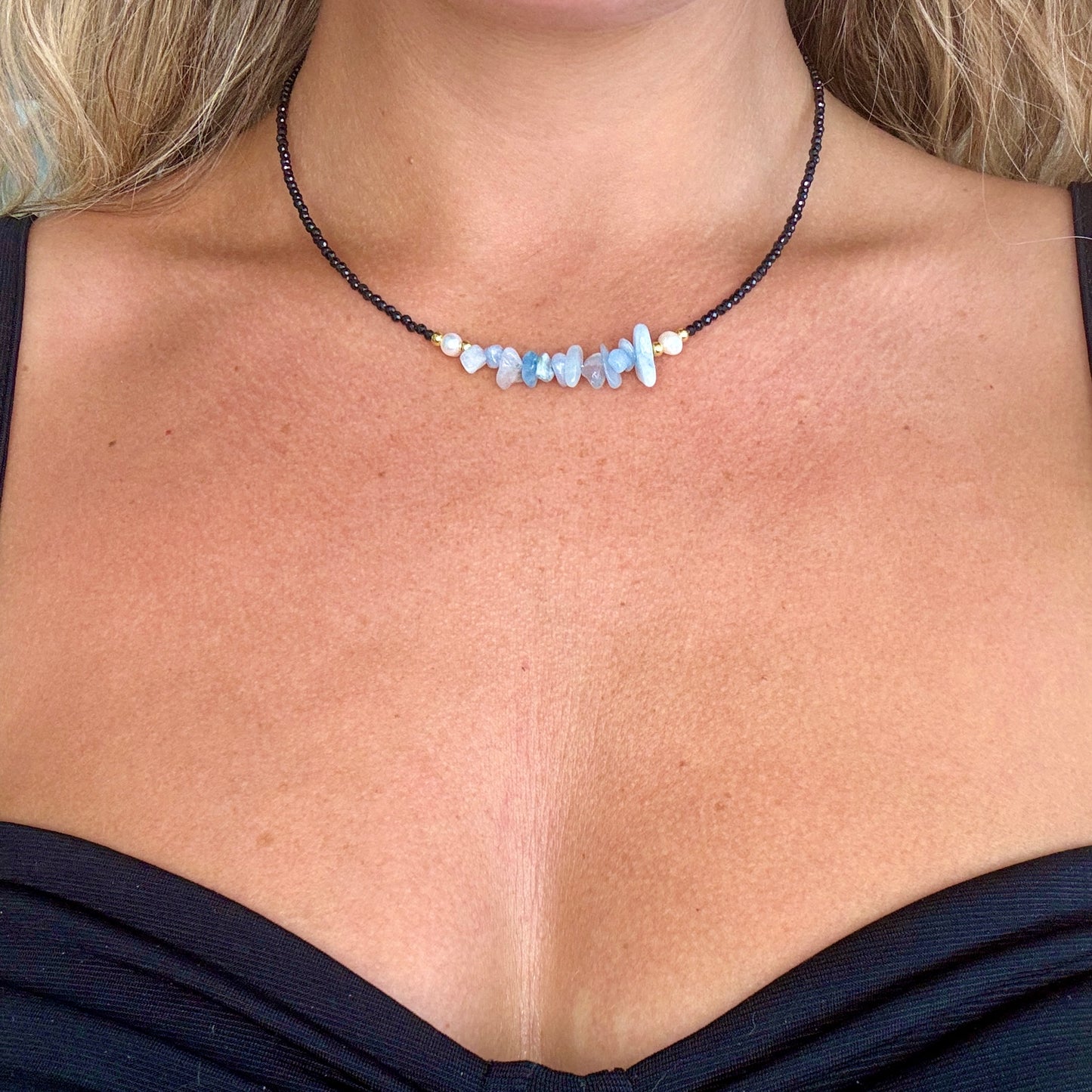 Black Tourmaline and Aquamarine Choker Necklace