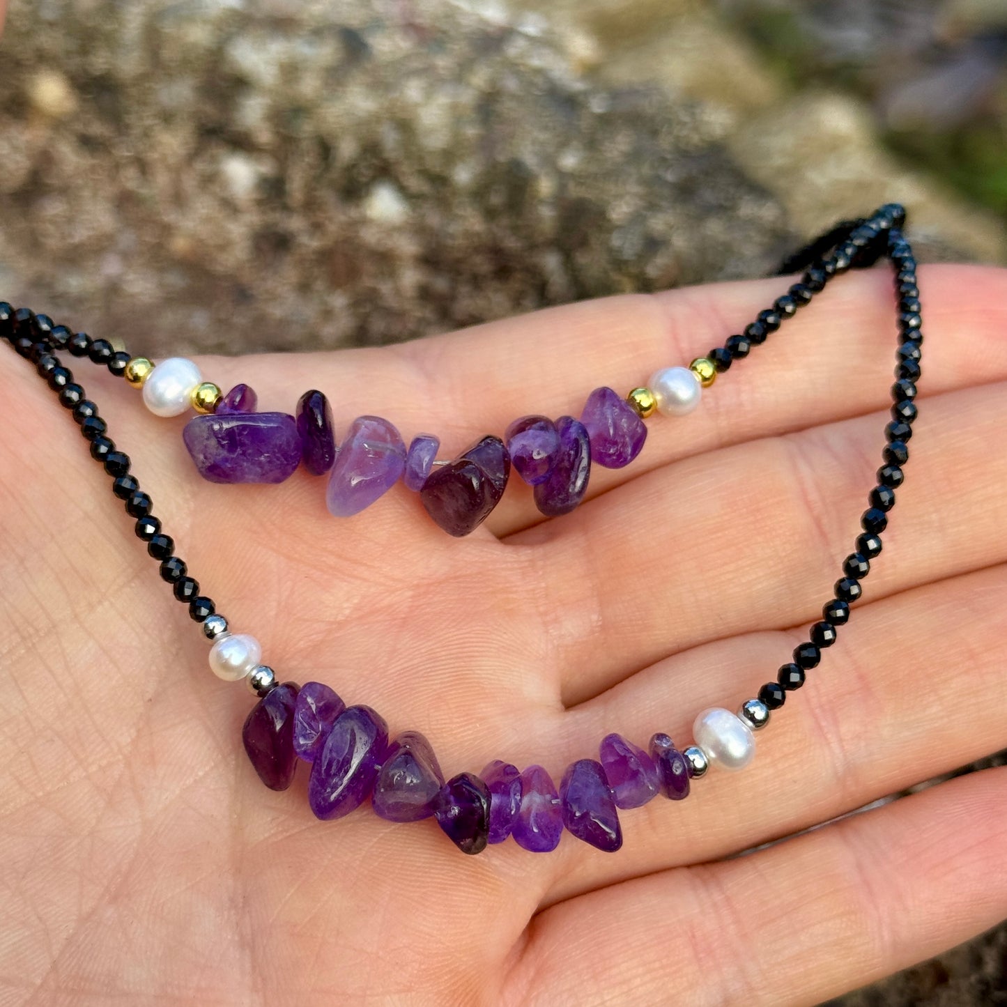 Black Tourmaline and Amethyst Choker Necklace