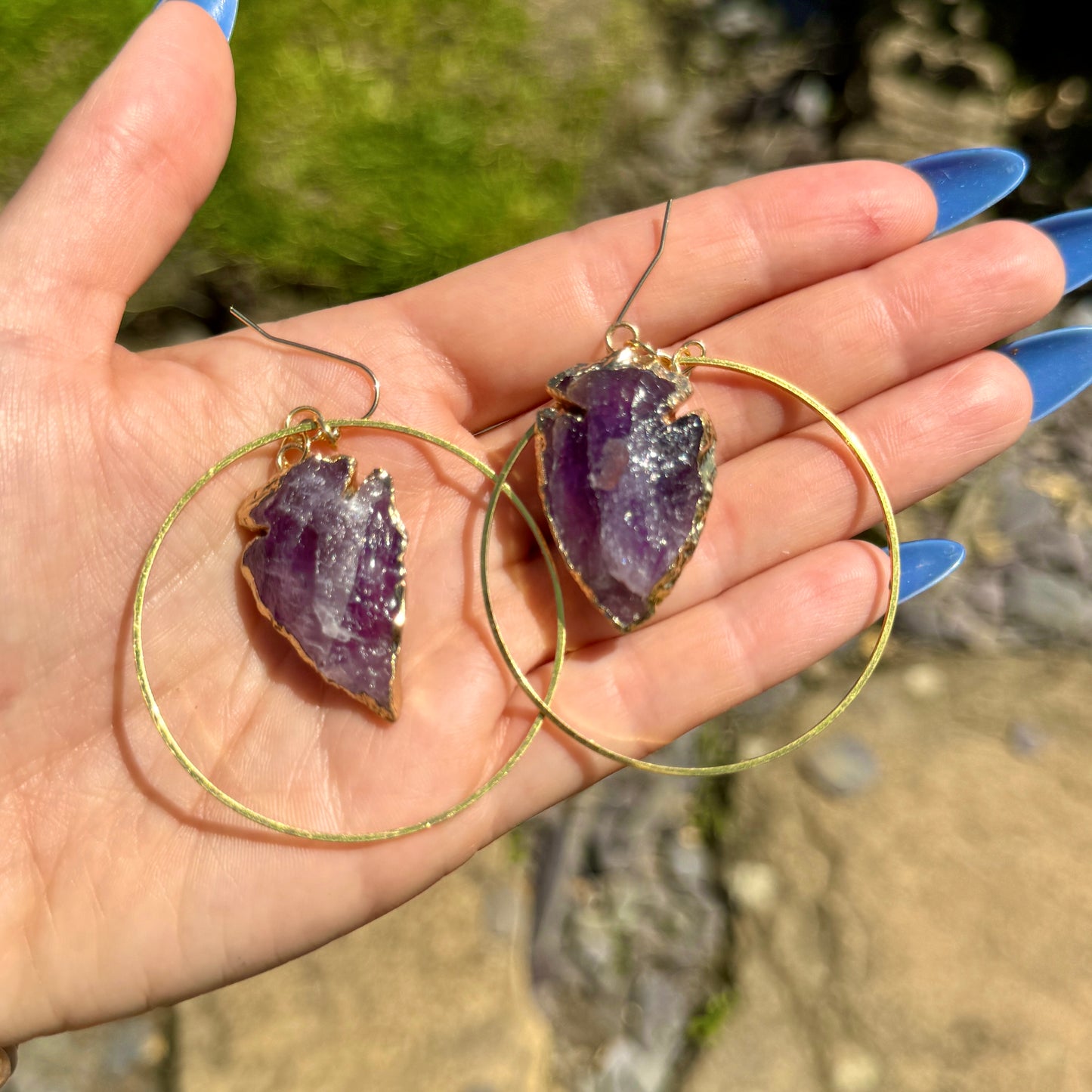 Amethyst Raw Arrow Gold Hoop Earrings