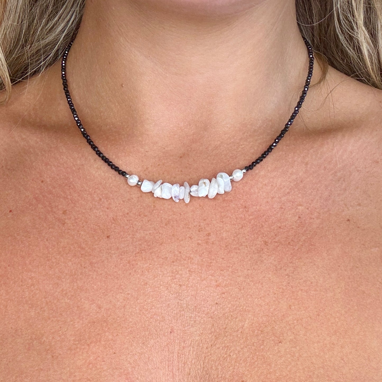 Black Tourmaline and White Moonstone Choker Necklace