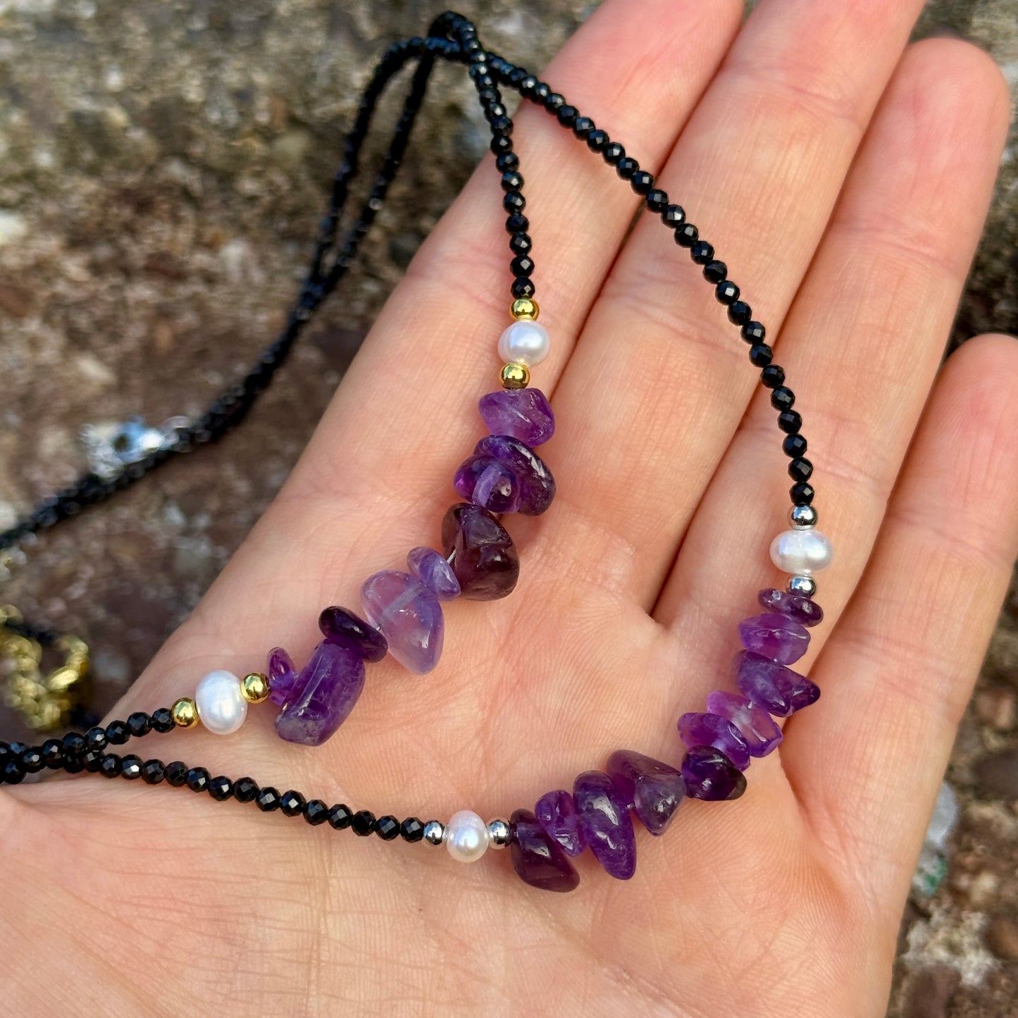 Black Tourmaline and Amethyst Choker Necklace