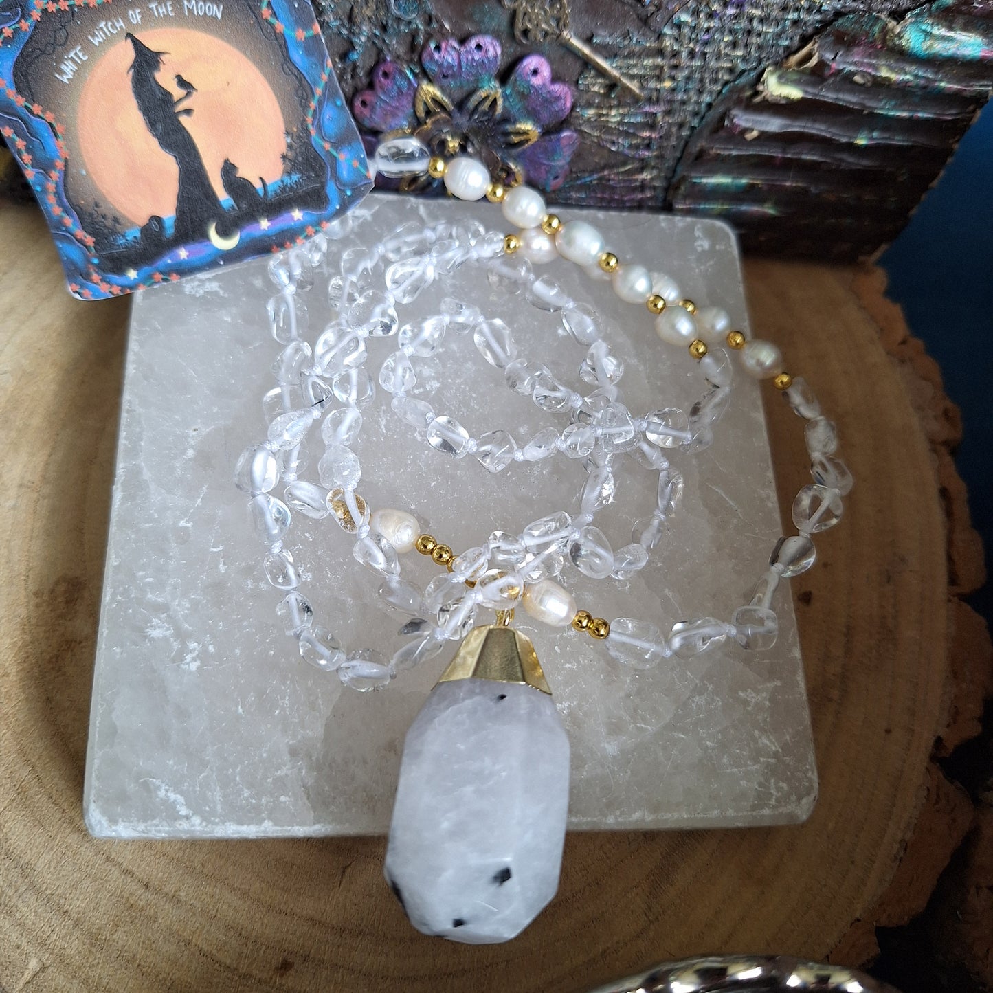 Clear Quartz and Pearl Knotted Necklace with Tourmaline in Quartz pendant