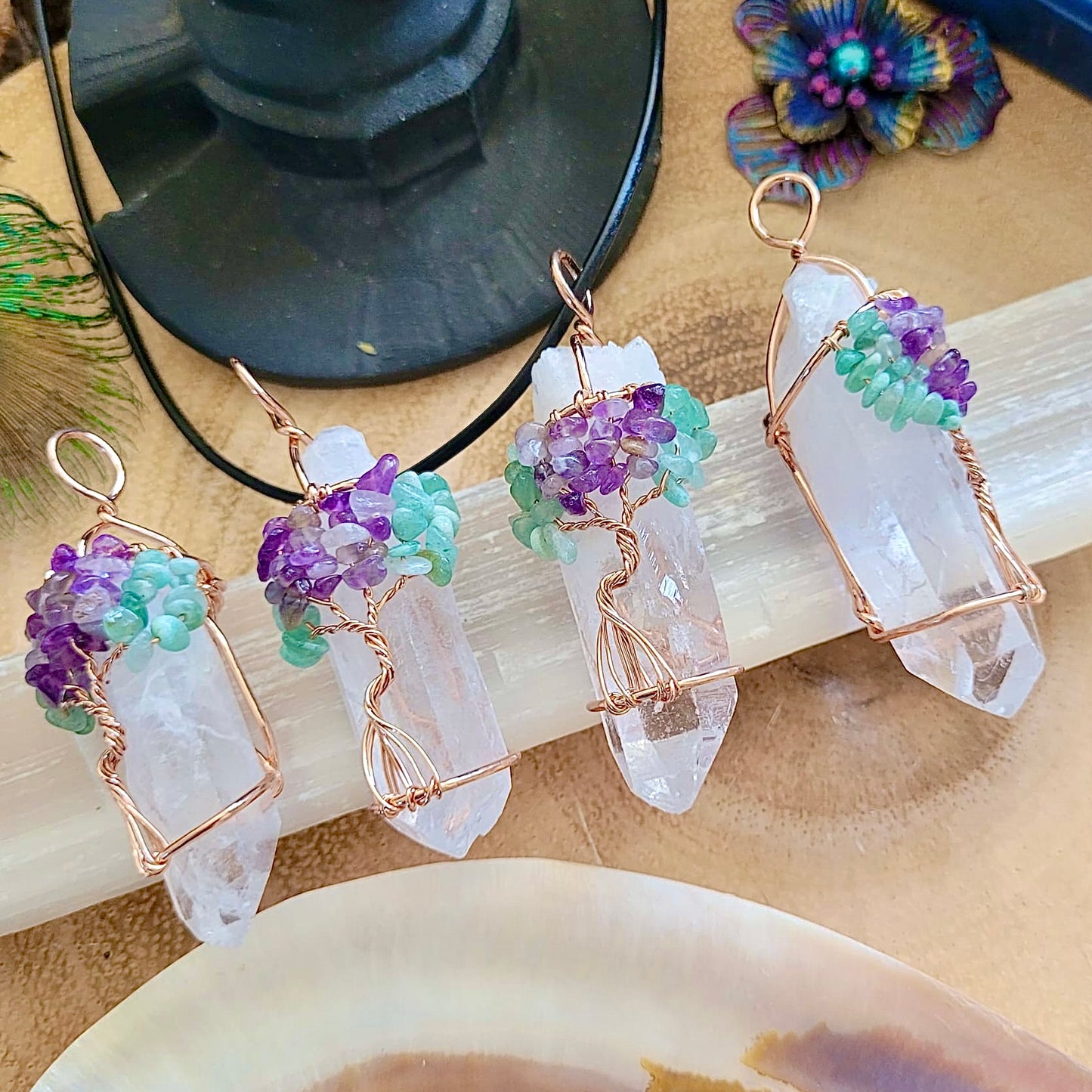 Clear Quartz Raw Point Wire Wrapped Pendant (with Green Aventurine & Amethyst Chips