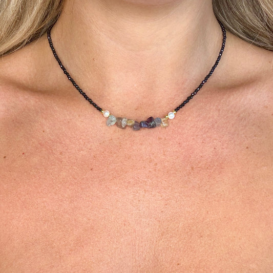 Black Tourmaline and Rainbow Fluorite Choker Necklace