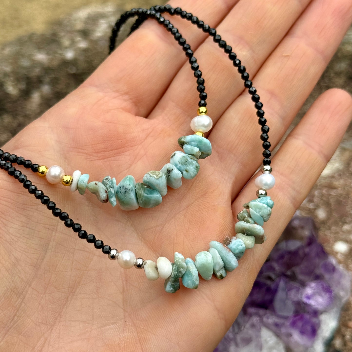 Black Tourmaline and Larimar Choker Necklace