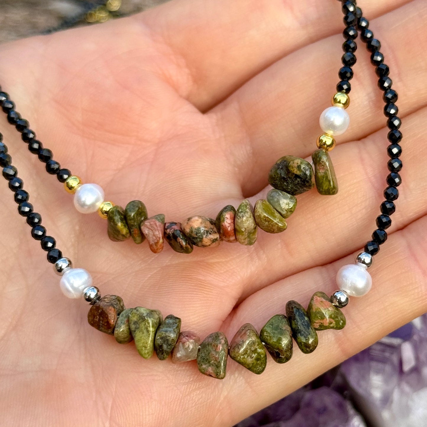 Black Tourmaline and Unakite Choker Necklace