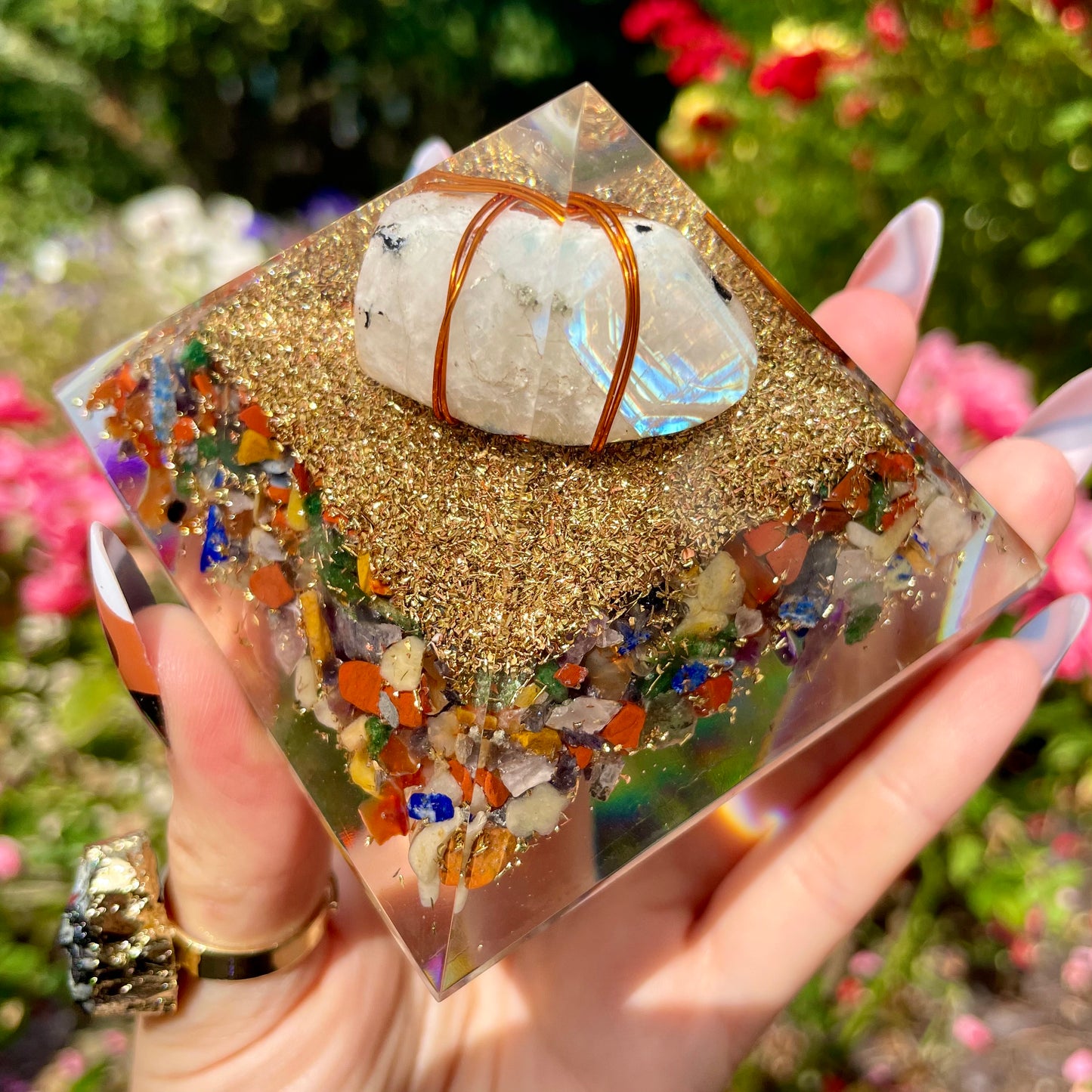 Rainbow Moonstone Chakra Orgonite Pyramid