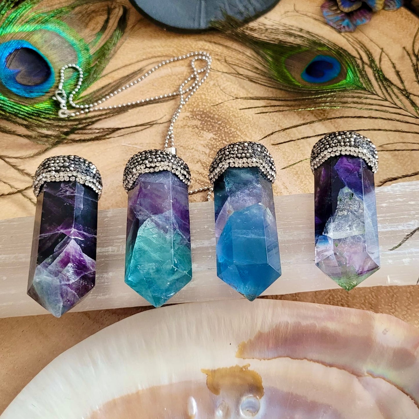 Rainbow Fluorite Point Diamanté Pendant