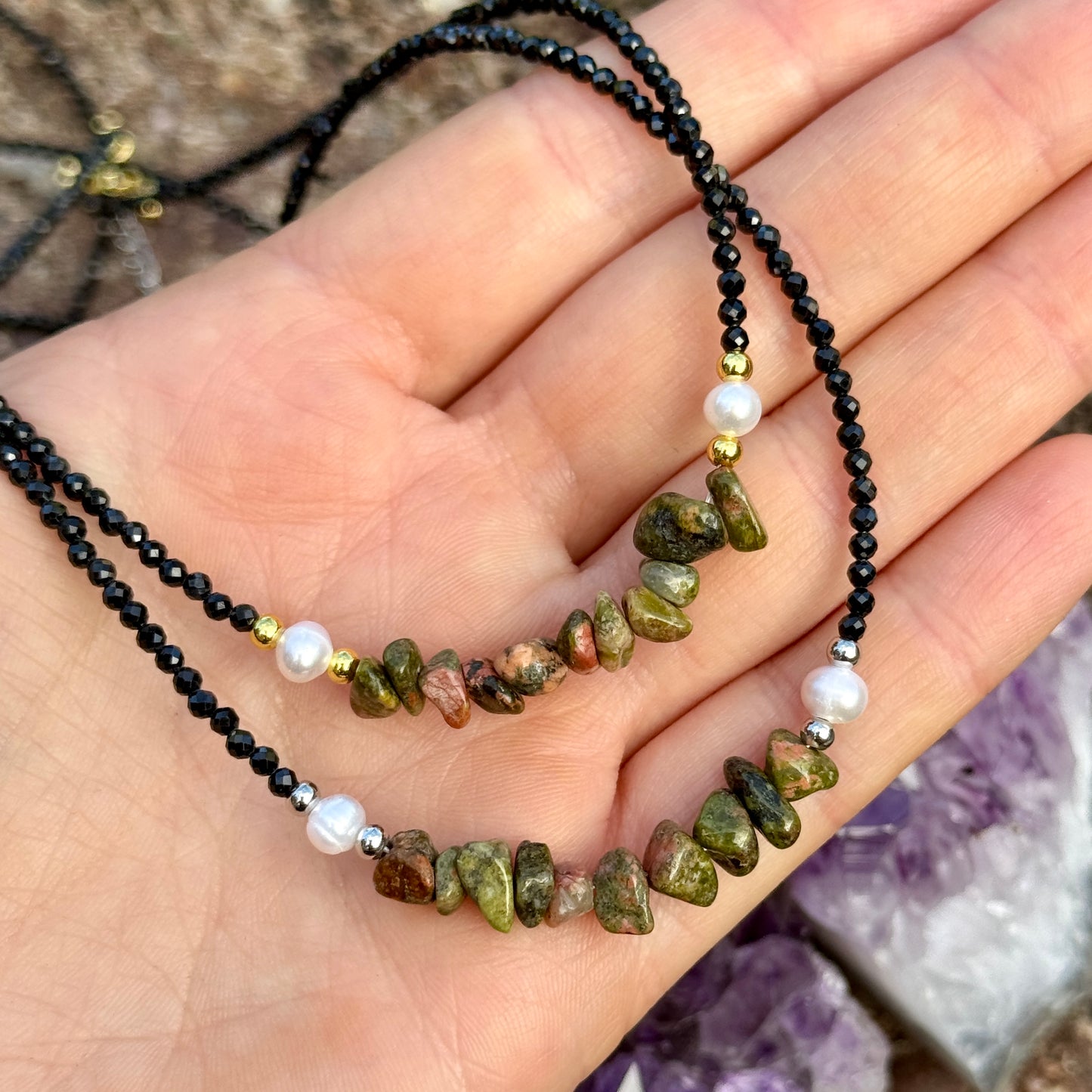 Black Tourmaline and Unakite Choker Necklace