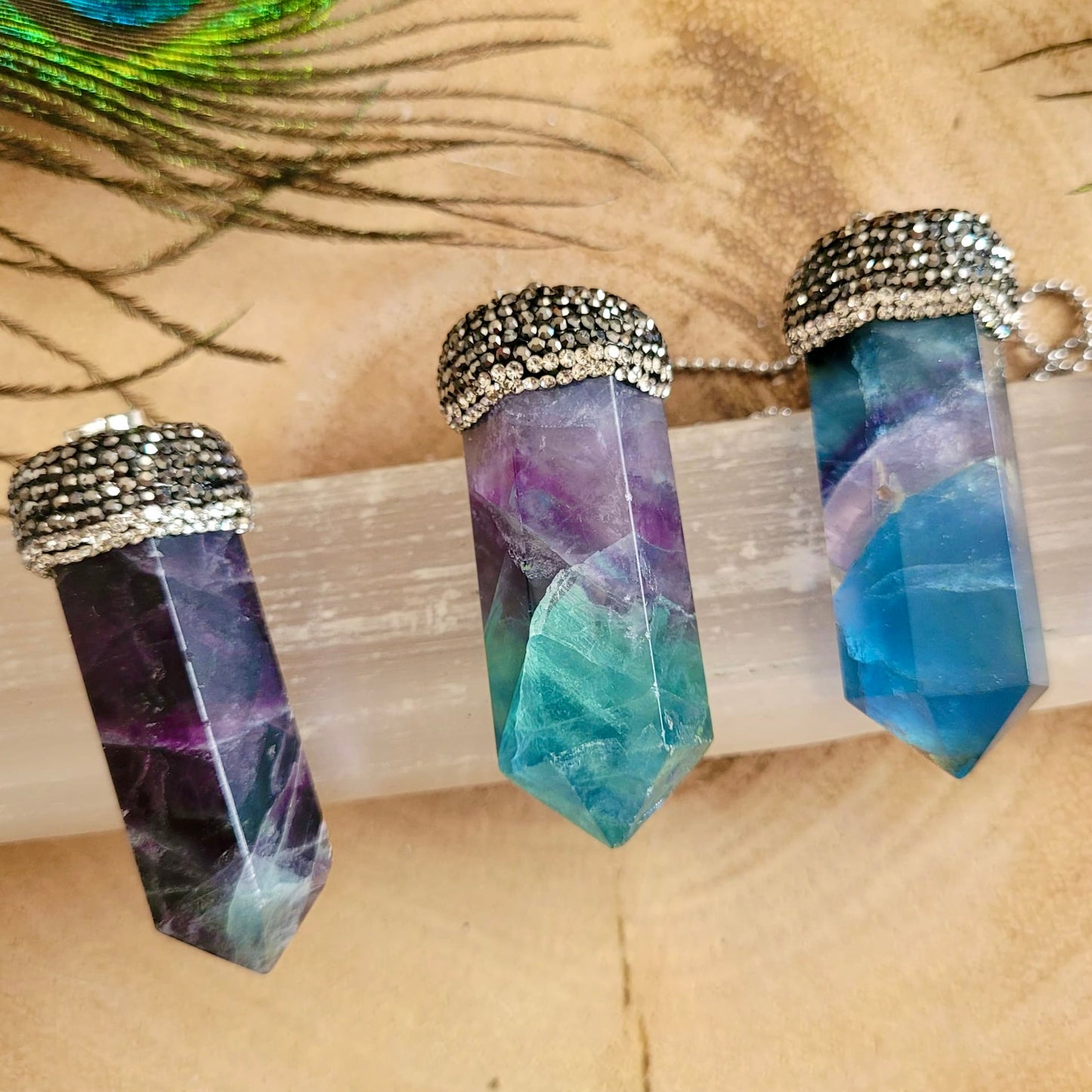 Rainbow Fluorite Point Diamanté Pendant