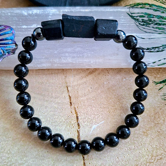 Black Tourmaline and Hematite 6mm Beaded Bracelet