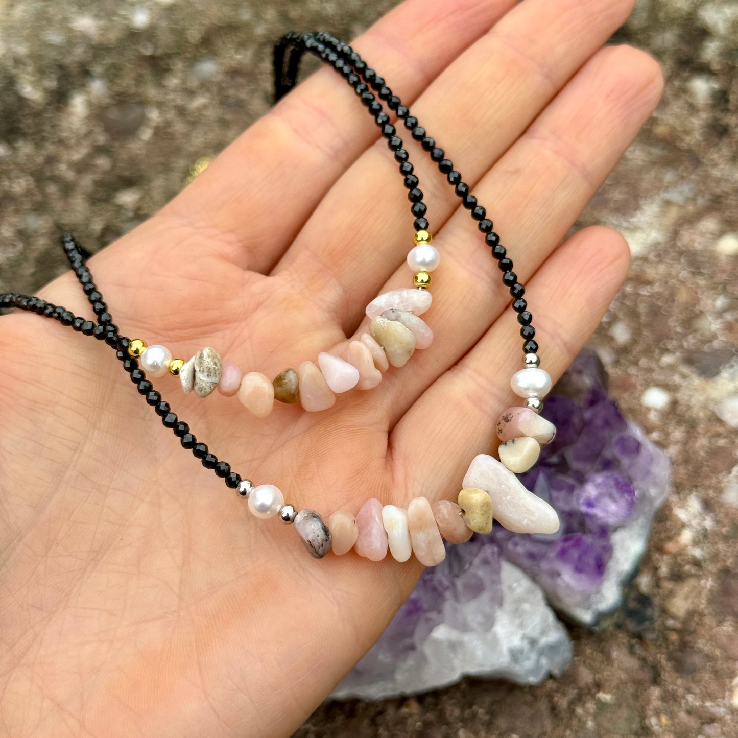 Black Tourmaline and Pink Opal Choker Necklace