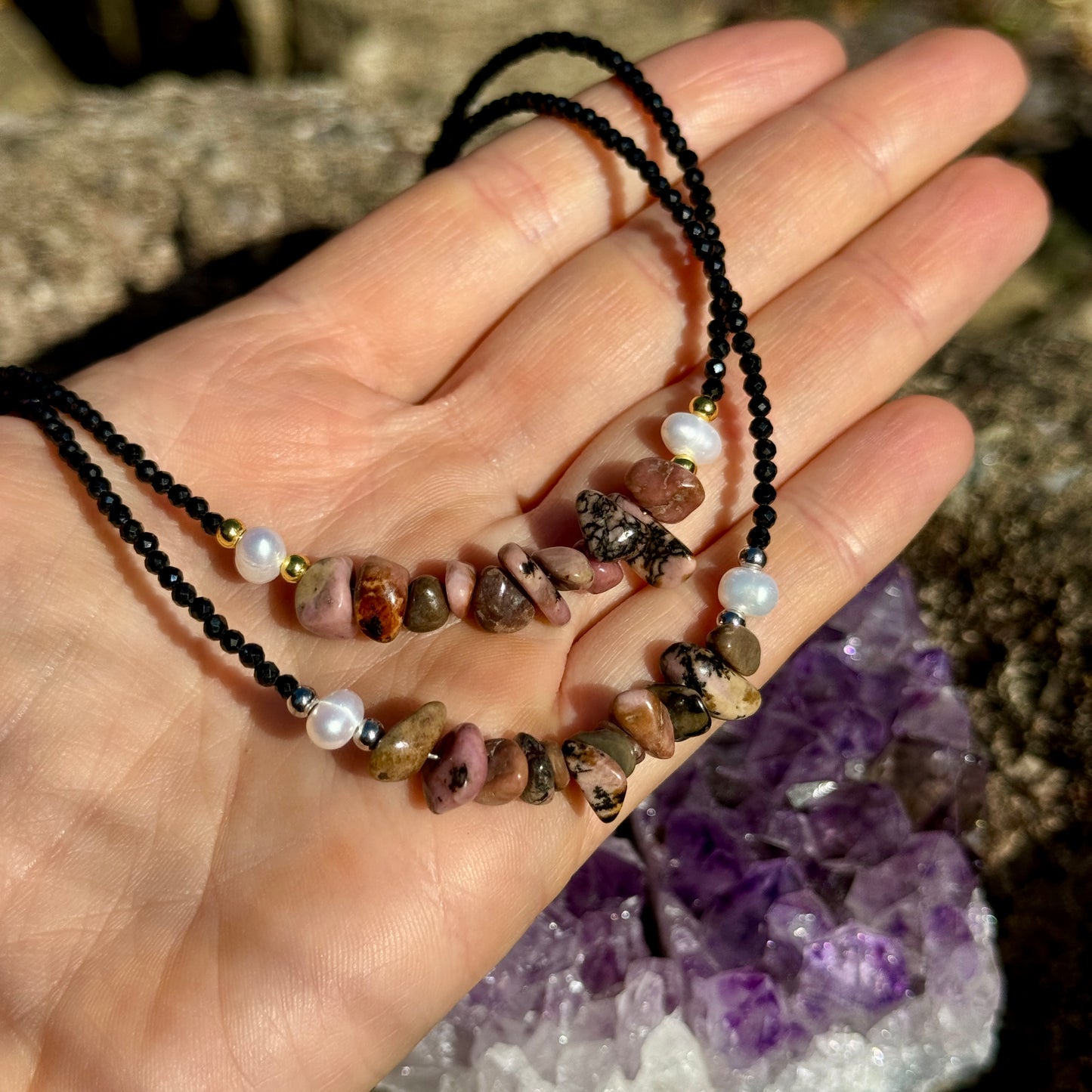 Black Tourmaline and Rhodonite Choker Necklace