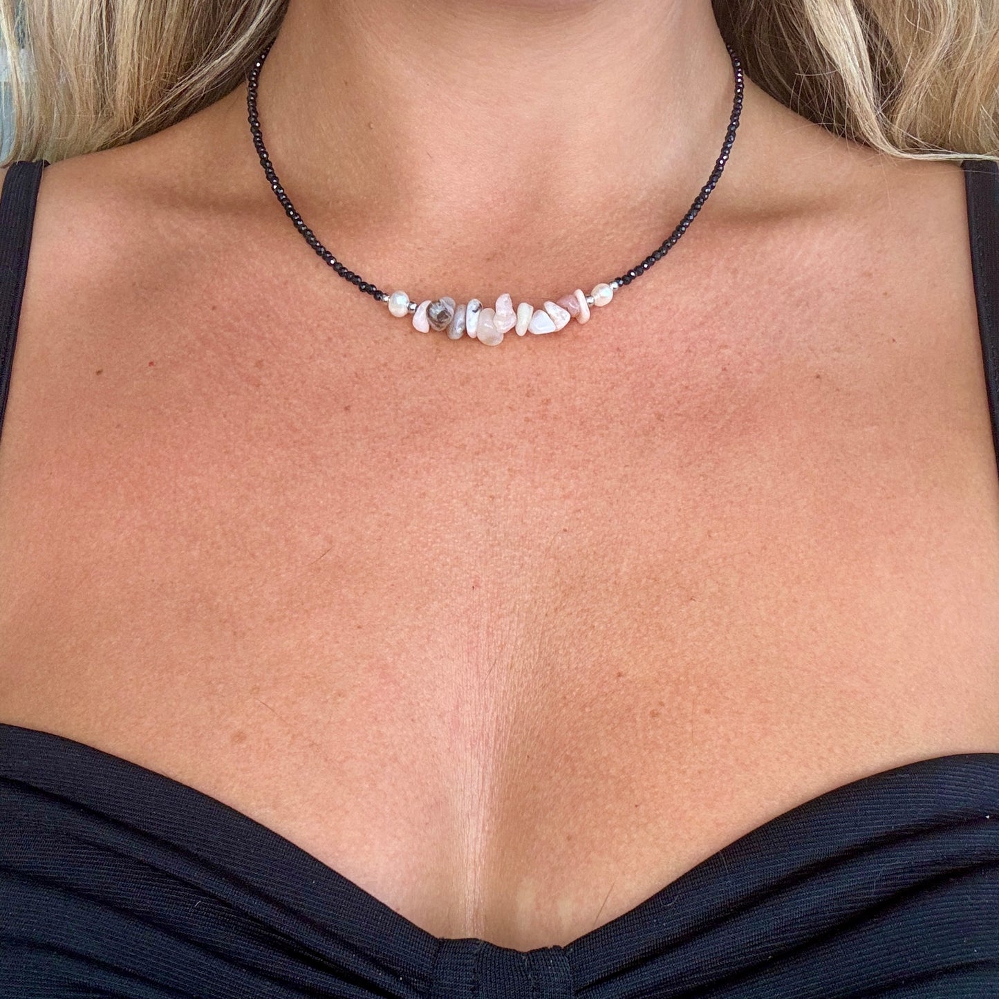 Black Tourmaline and Pink Opal Choker Necklace