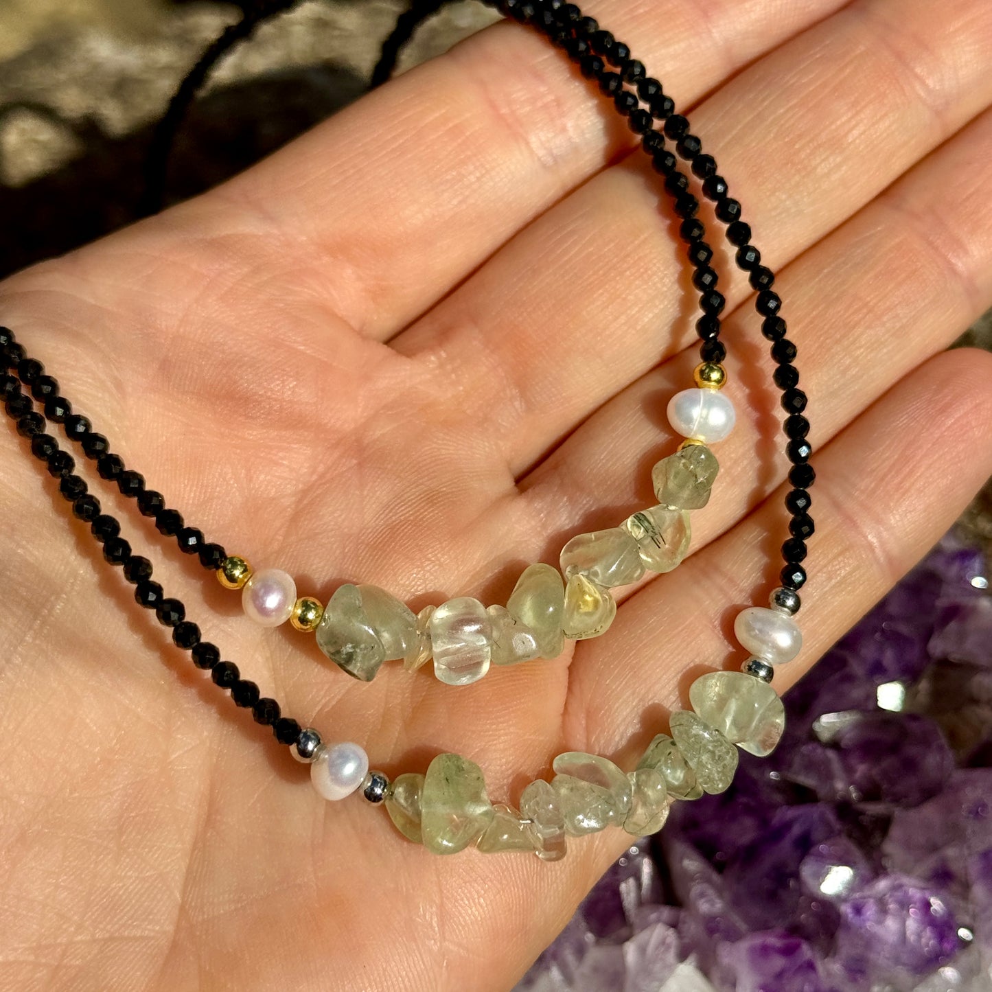 Black Tourmaline and Prehnite Choker Necklace