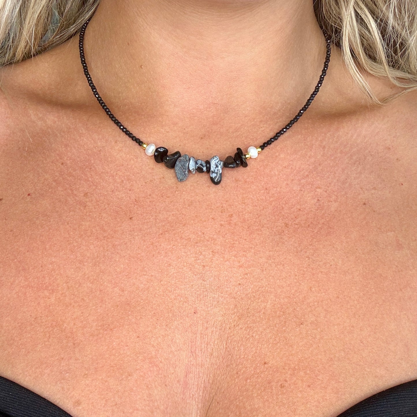 Black Tourmaline and Snowflake Obsidian Choker Necklace