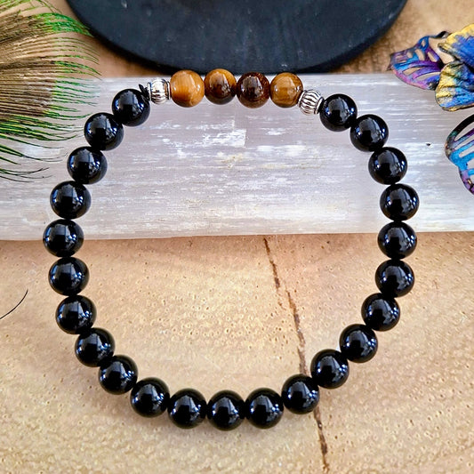 Black Tourmaline and Tigers Eye 6mm Beaded Bracelet