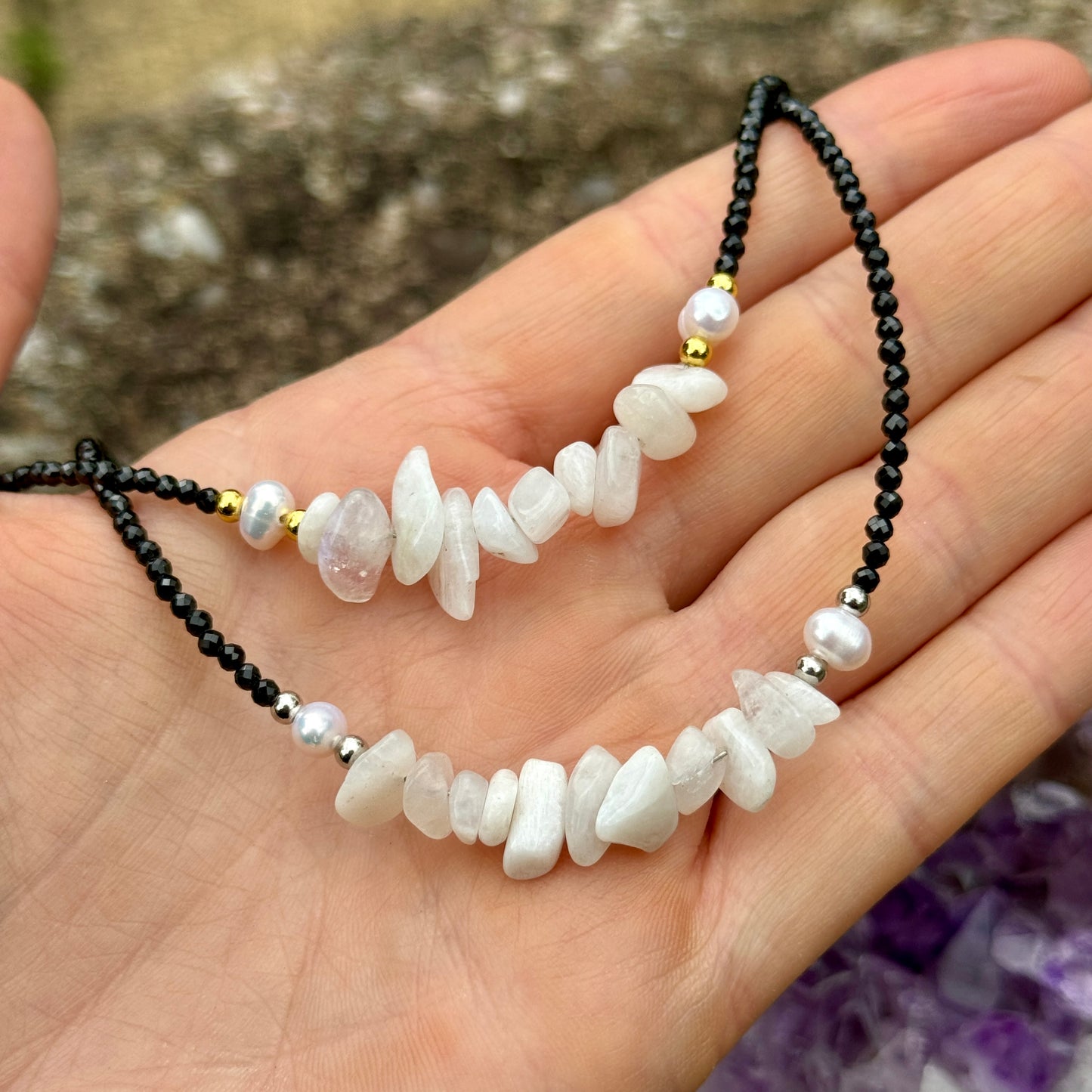 Black Tourmaline and White Moonstone Choker Necklace