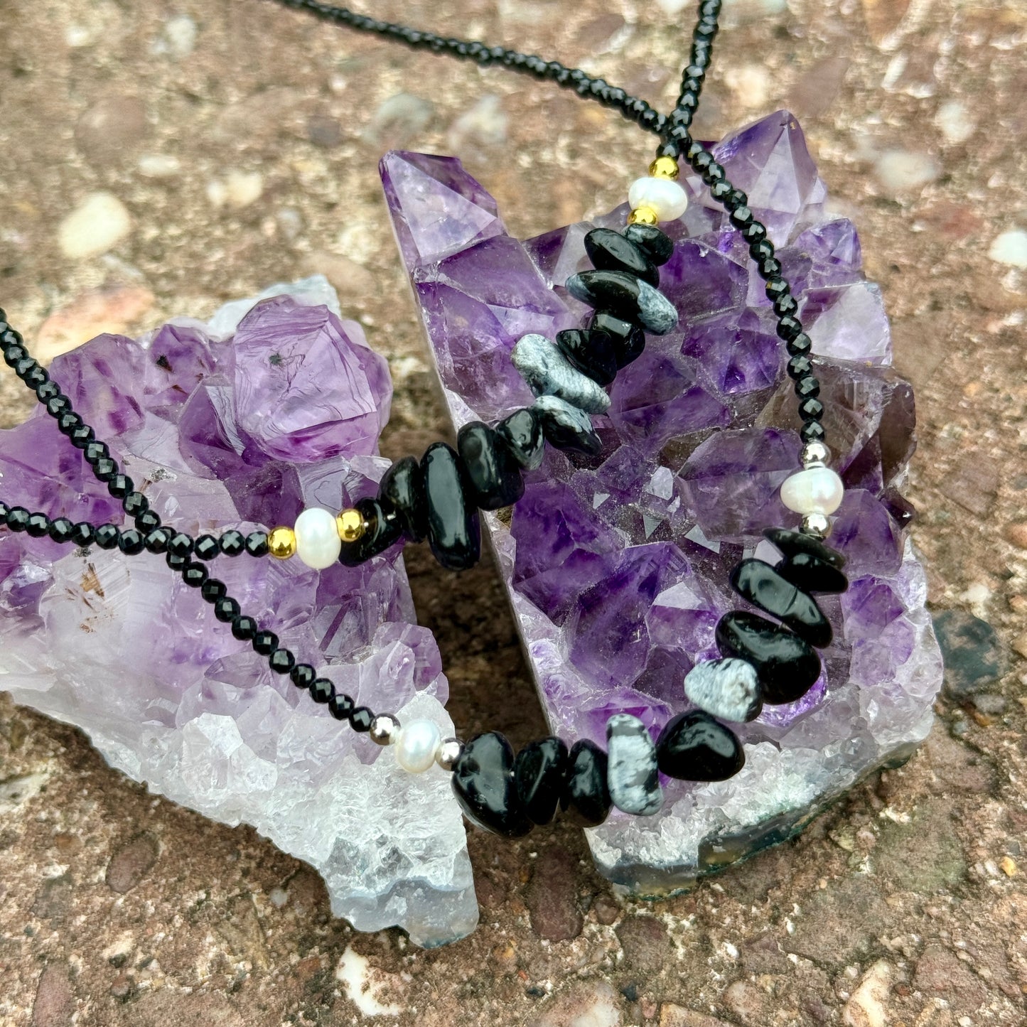 Black Tourmaline and Snowflake Obsidian Choker Necklace