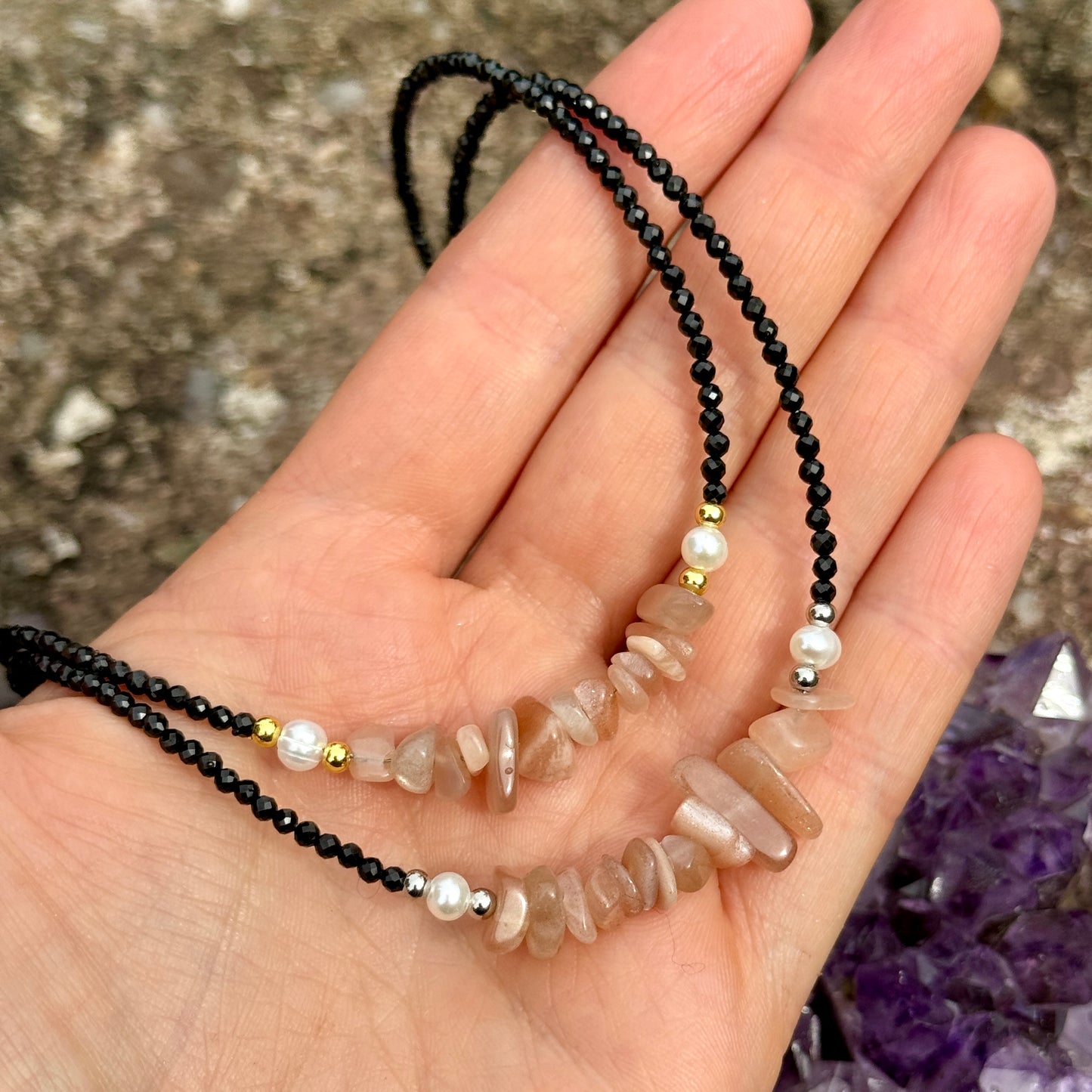 Black Tourmaline and Sunstone Choker Necklace