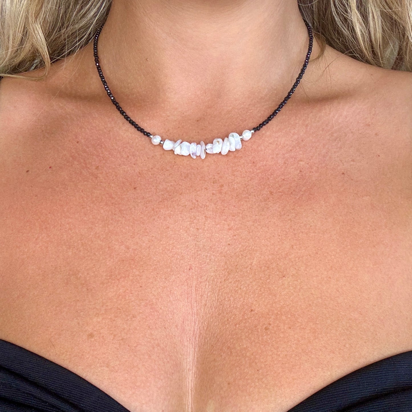 Black Tourmaline and White Moonstone Choker Necklace