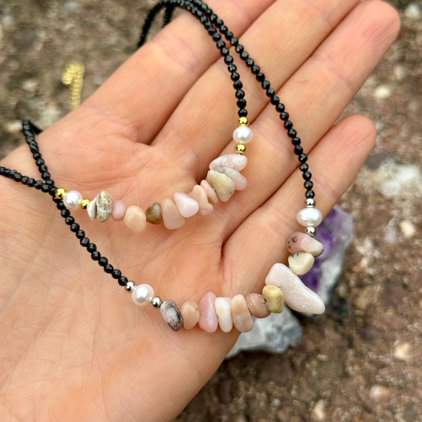 Black Tourmaline and Pink Opal Choker Necklace