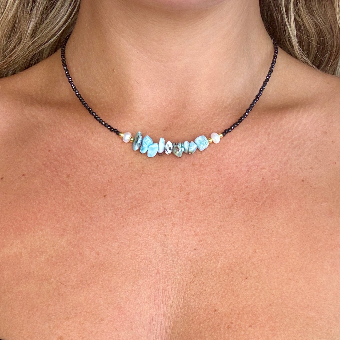 Black Tourmaline and Larimar Choker Necklace