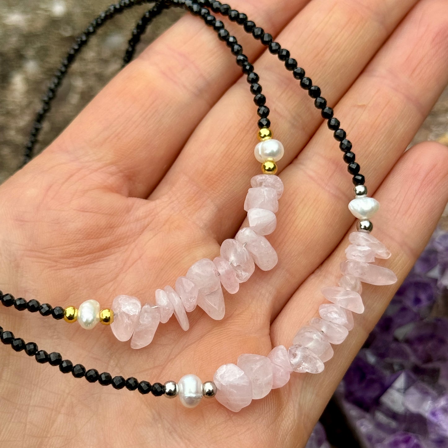 Black Tourmaline and Rose Quartz Choker Necklace