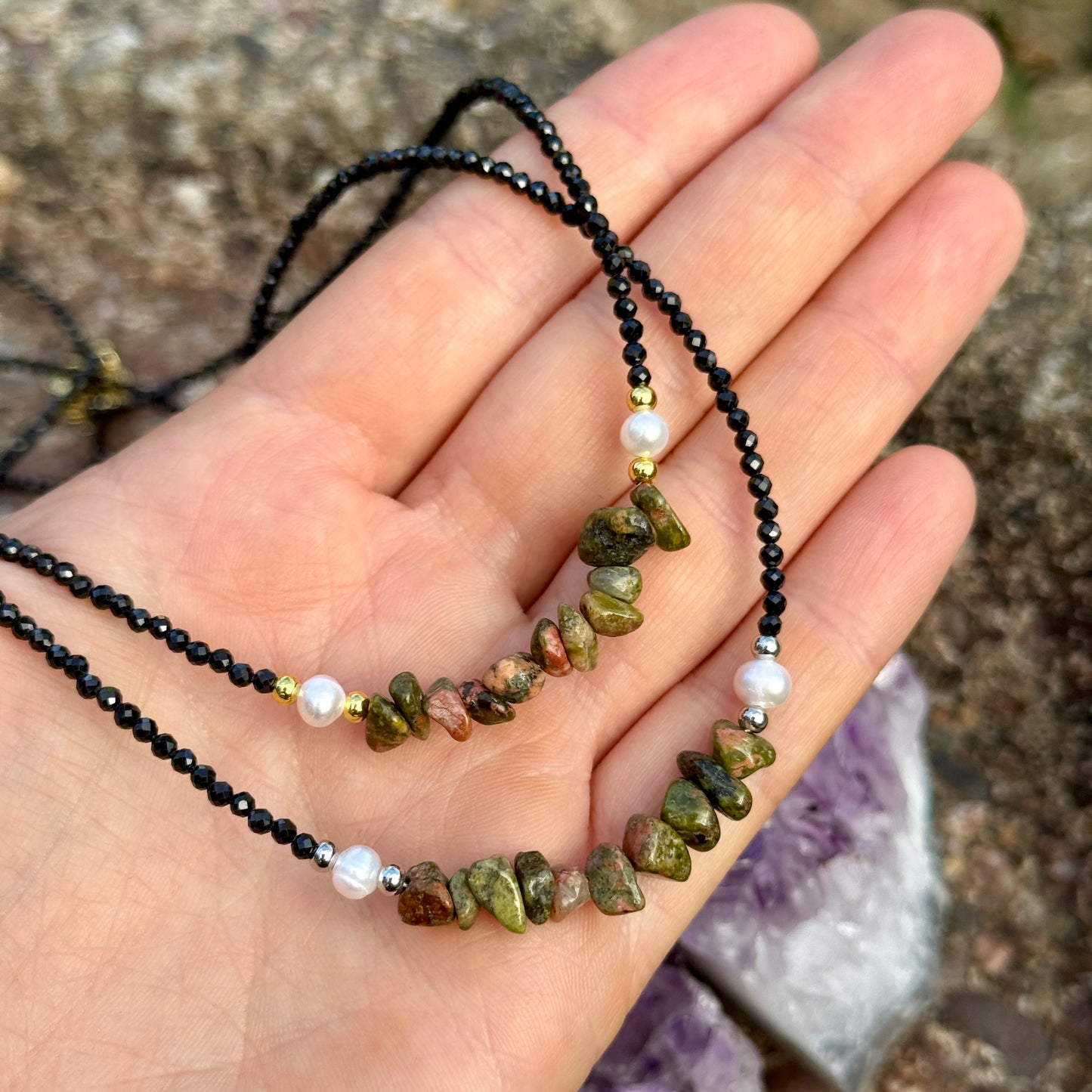 Black Tourmaline and Unakite Choker Necklace