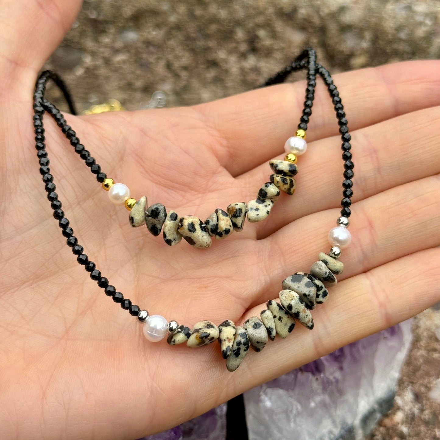 Black Tourmaline and Dalmation Jasper Choker Necklace