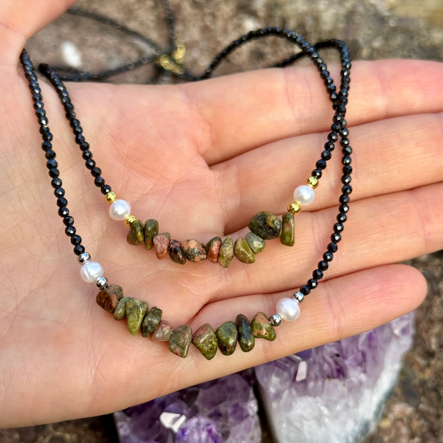 Black Tourmaline and Unakite Choker Necklace