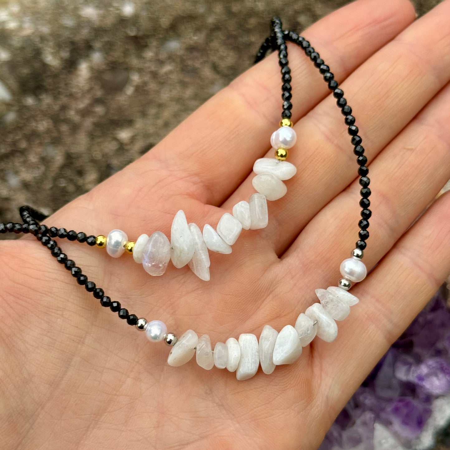 Black Tourmaline and White Moonstone Choker Necklace