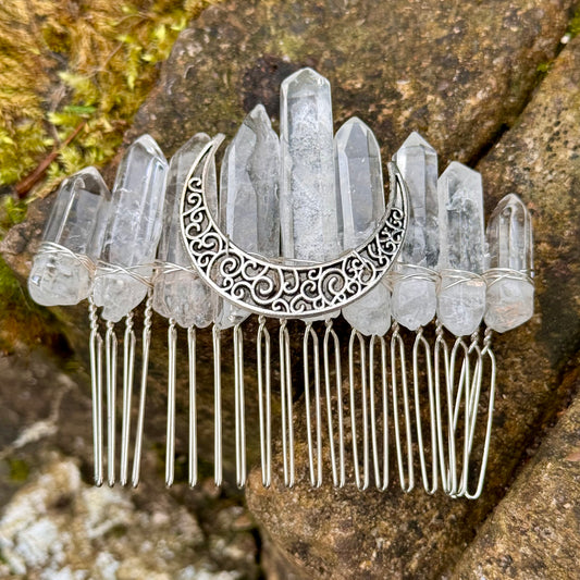 Clear Quartz & Crescent Moon Hair Comb