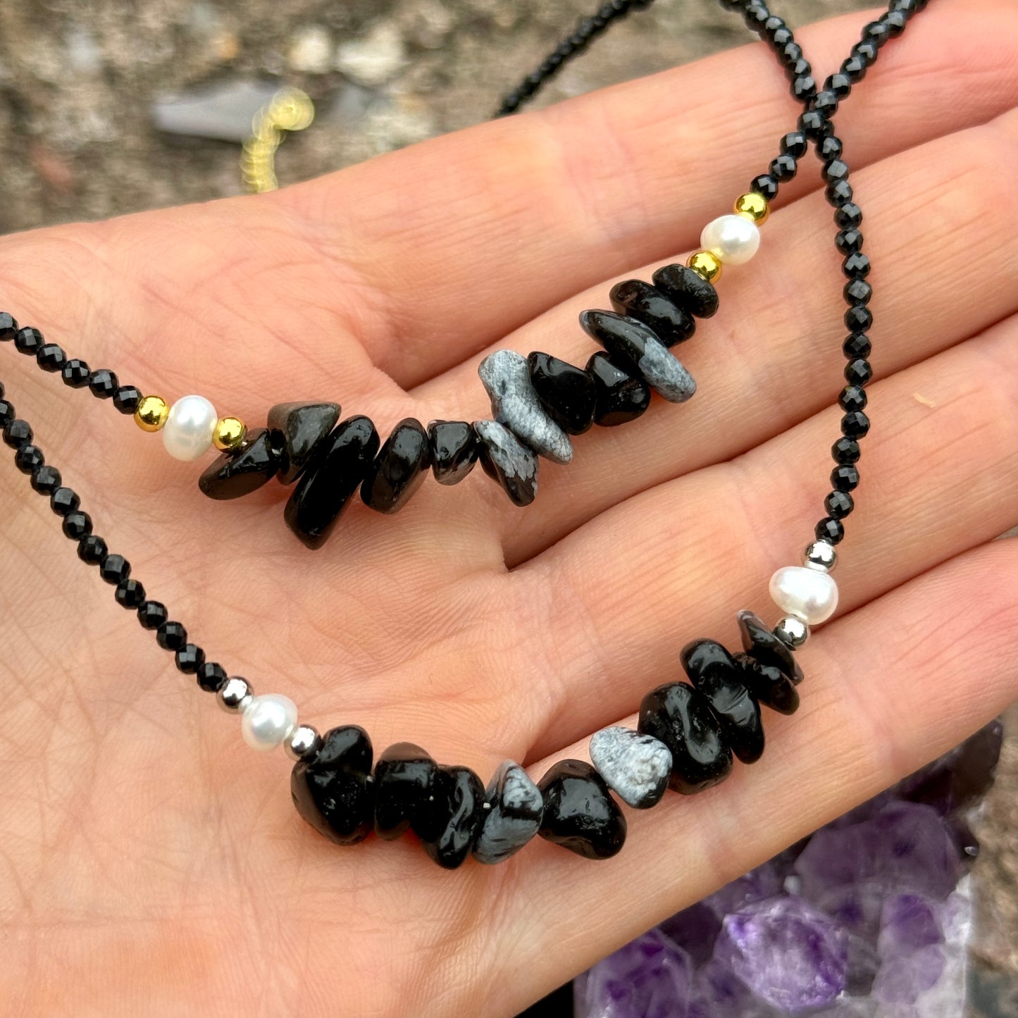 Black Tourmaline and Snowflake Obsidian Choker Necklace