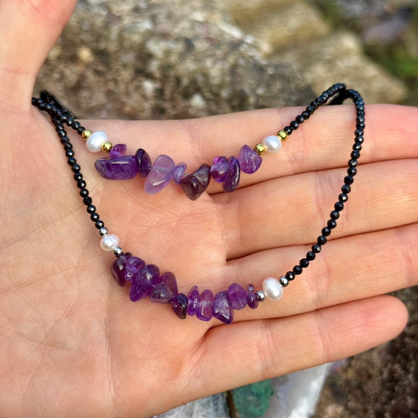 Black Tourmaline and Amethyst Choker Necklace