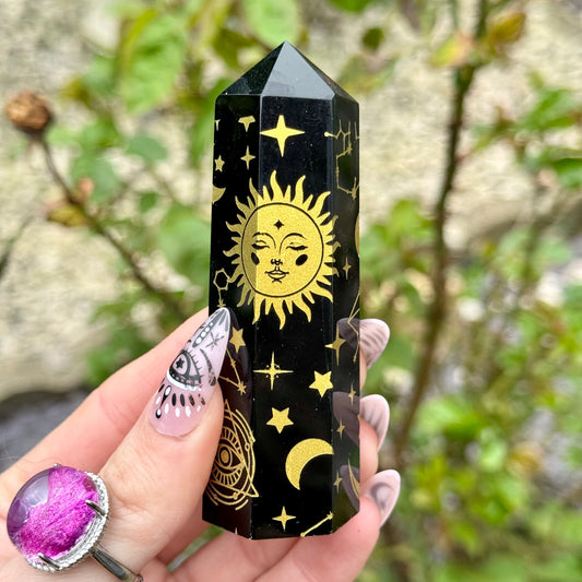 Black Obsidian Astrological Gold Engraved Towers