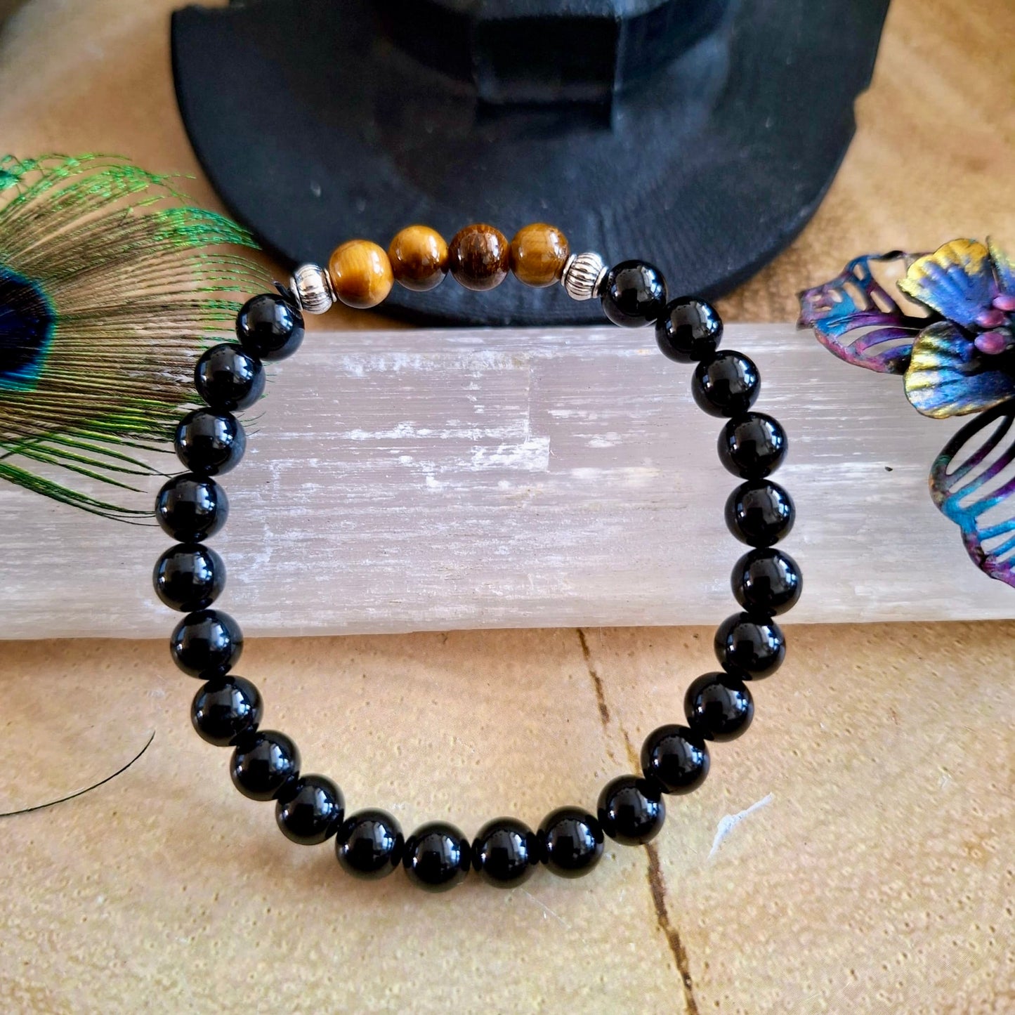 Black Tourmaline and Tigers Eye 6mm Beaded Bracelet