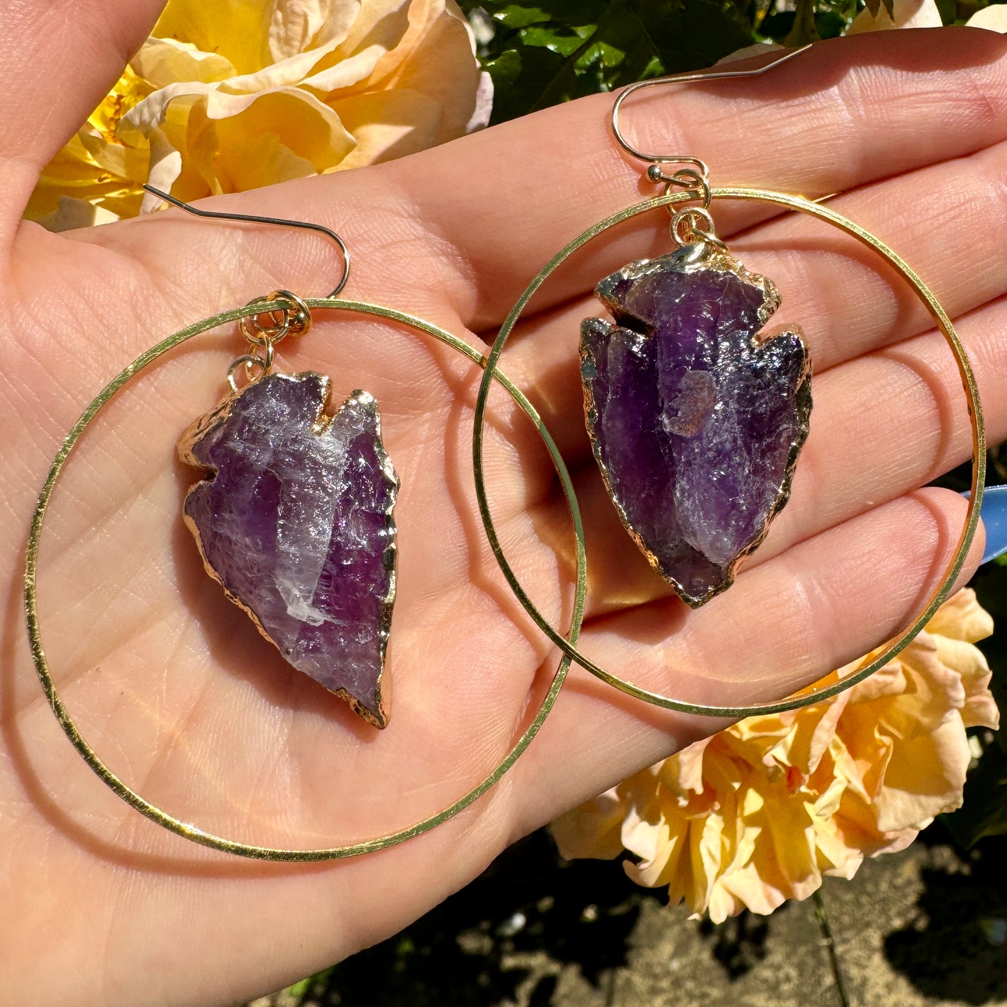 Amethyst Raw Arrow Gold Hoop Earrings