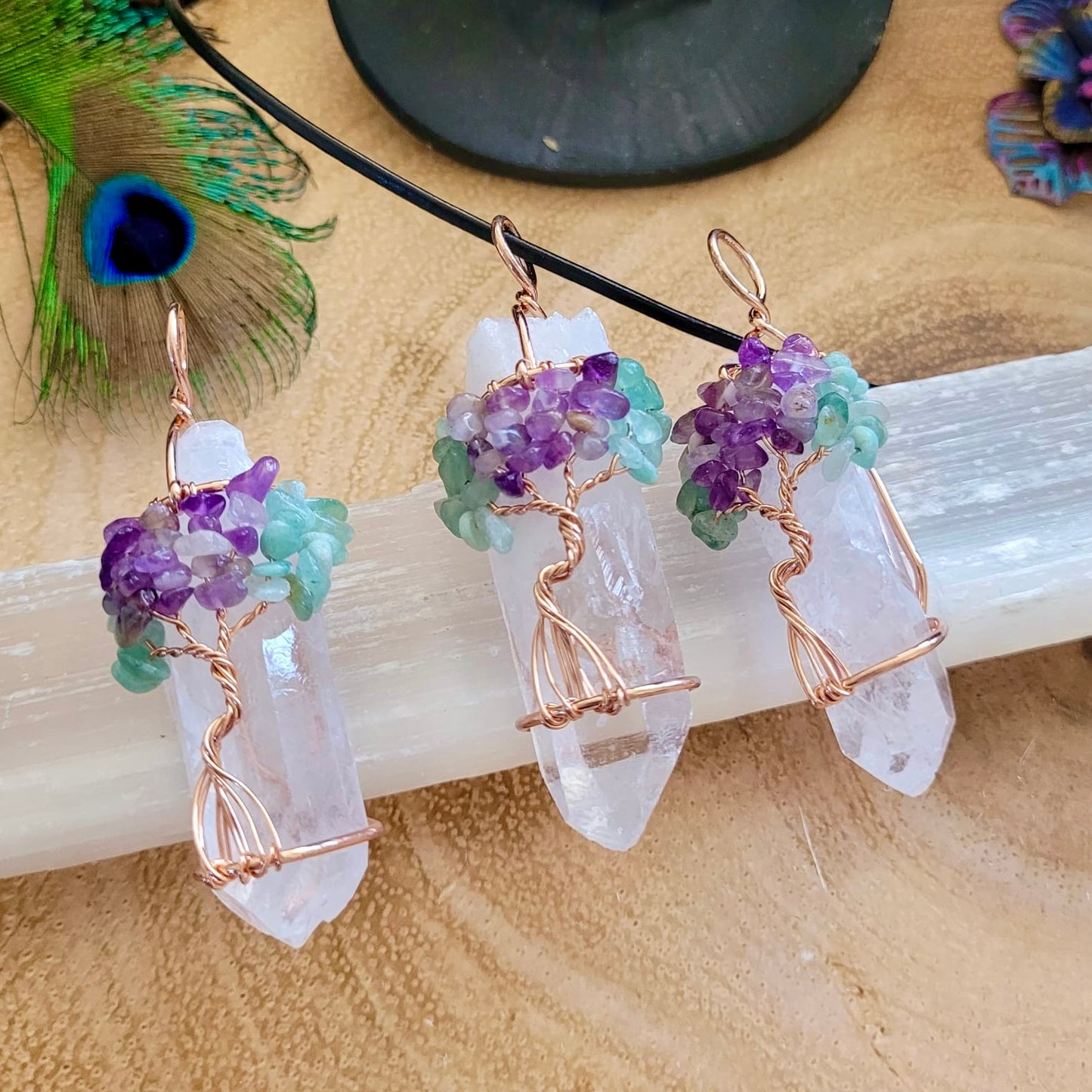 Clear Quartz Raw Point Wire Wrapped Pendant (with Green Aventurine & Amethyst Chips