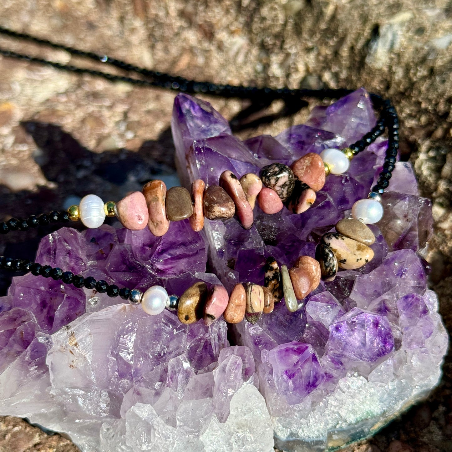 Black Tourmaline and Rhodonite Choker Necklace