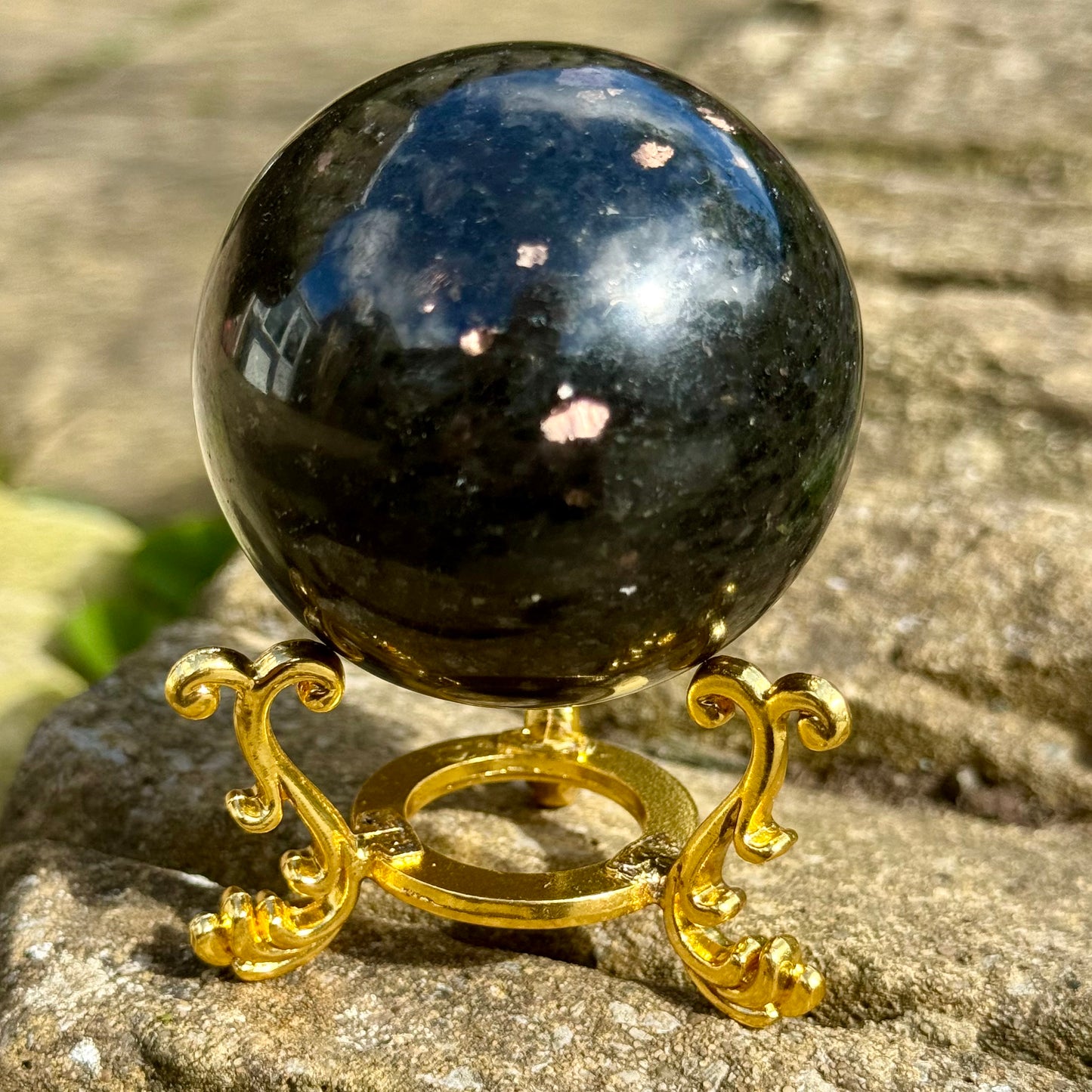 Coppernite (Indian Nuummite) 50mm Spheres With Gold Stand