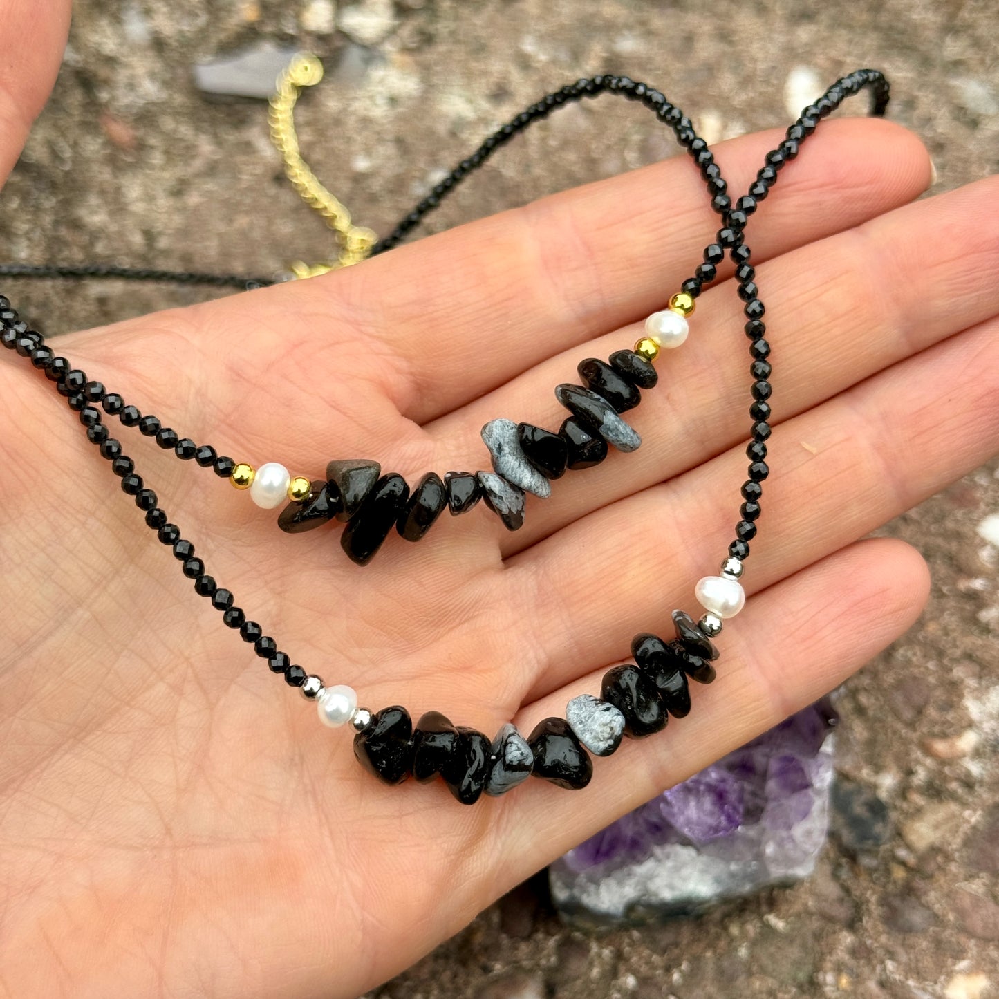 Black Tourmaline and Snowflake Obsidian Choker Necklace