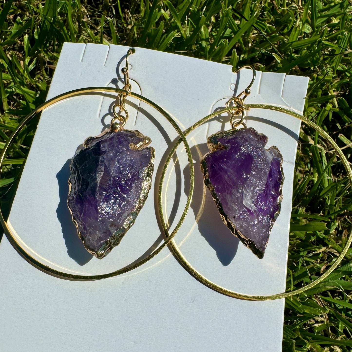 Amethyst Raw Arrow Gold Hoop Earrings