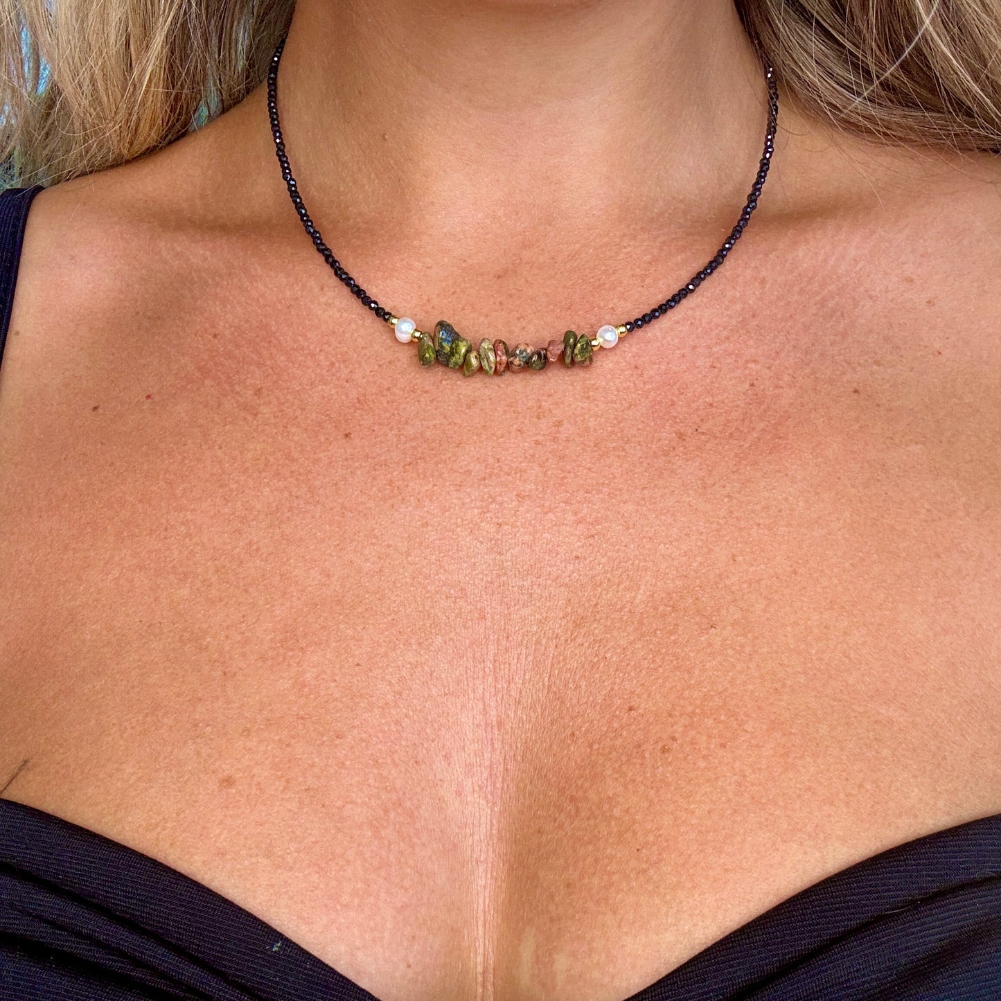 Black Tourmaline and Unakite Choker Necklace