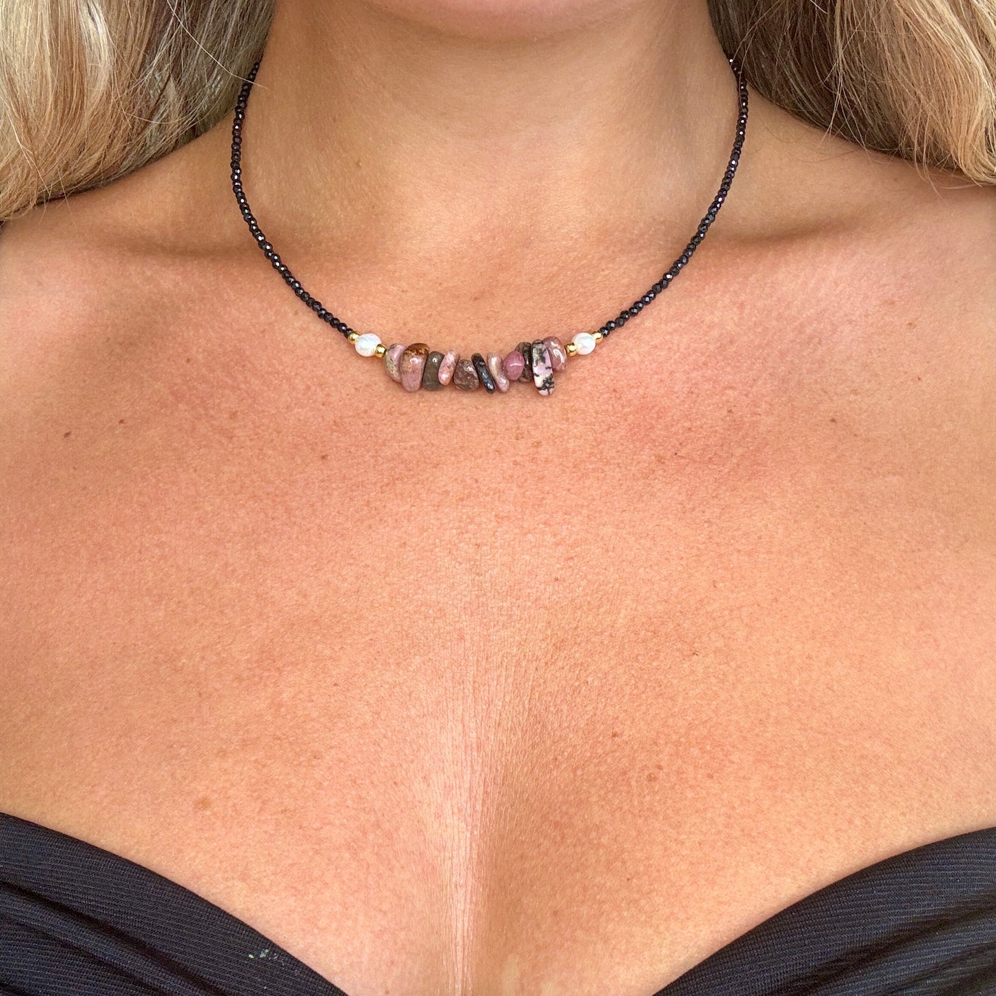 Black Tourmaline and Rhodonite Choker Necklace