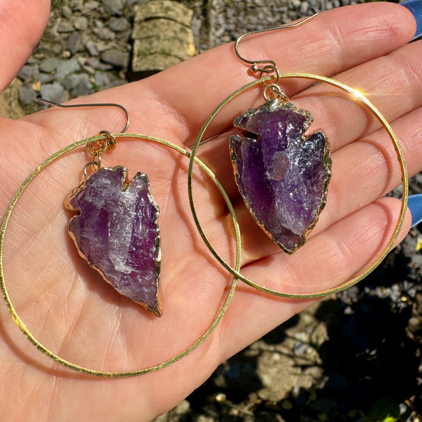 Amethyst Raw Arrow Gold Hoop Earrings